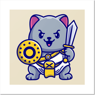 Cute Cat Gladiator Warrior Holding Sword And Shield Cartoon Posters and Art